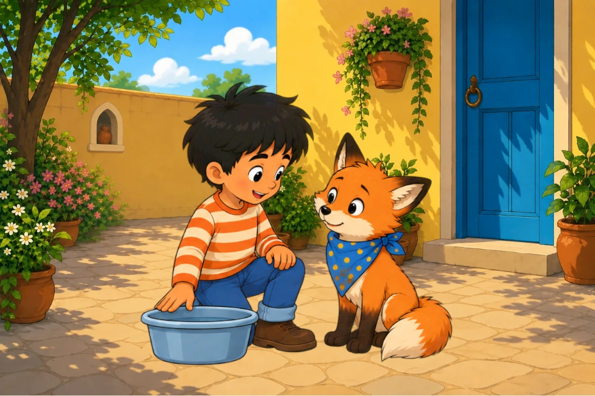 Avi examines Gul’s stained blue scarf beside a basin and laundry basket.