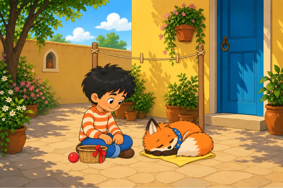 Gul rests on the yellow cloth wearing his blue dotted scarf, with Avi nearby.