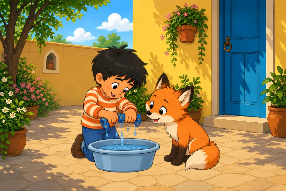 Avi rinses the blue scarf in the basin while Gul watches without it.