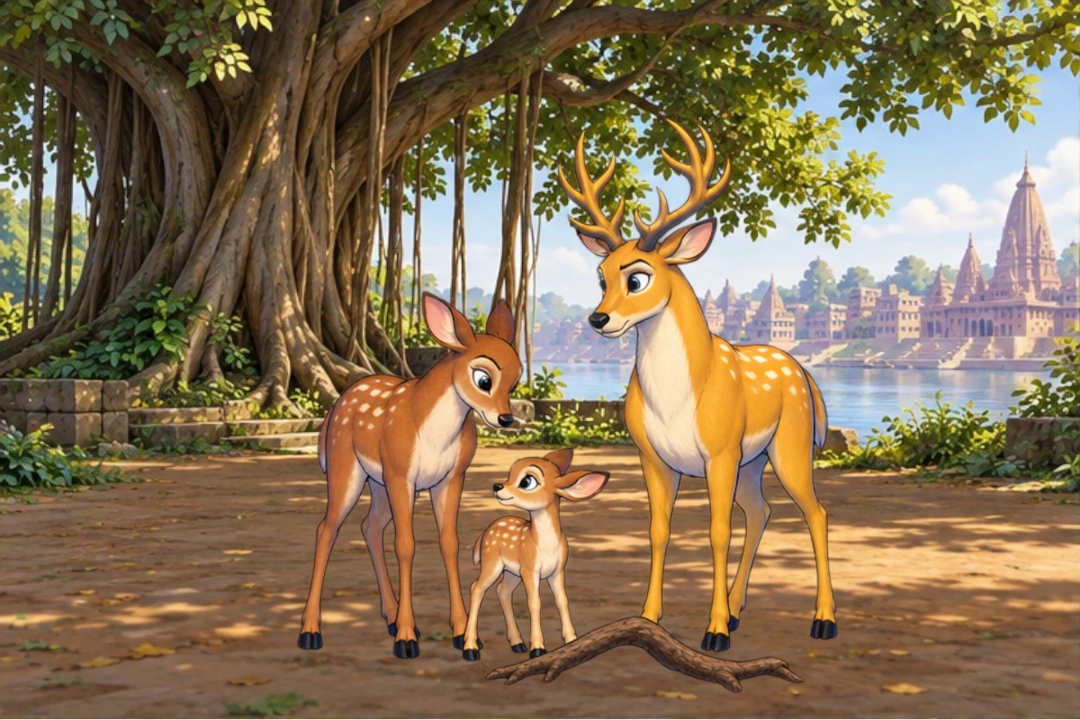 Golden Banyan Deer stands near a doe and her fawn beneath a spreading tree beside the river.