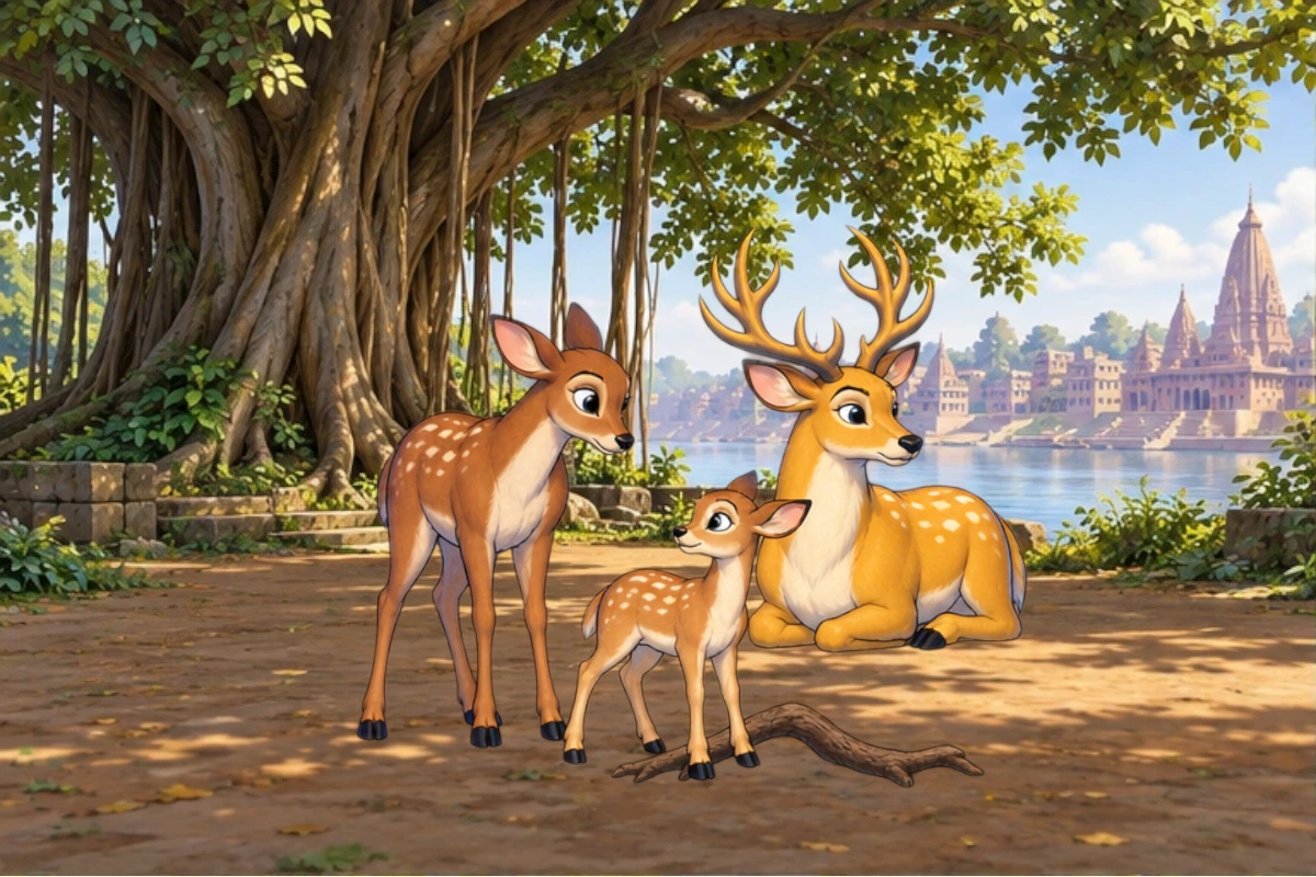 The fawn crosses a root beside its mother while Banyan Deer rests near the river.