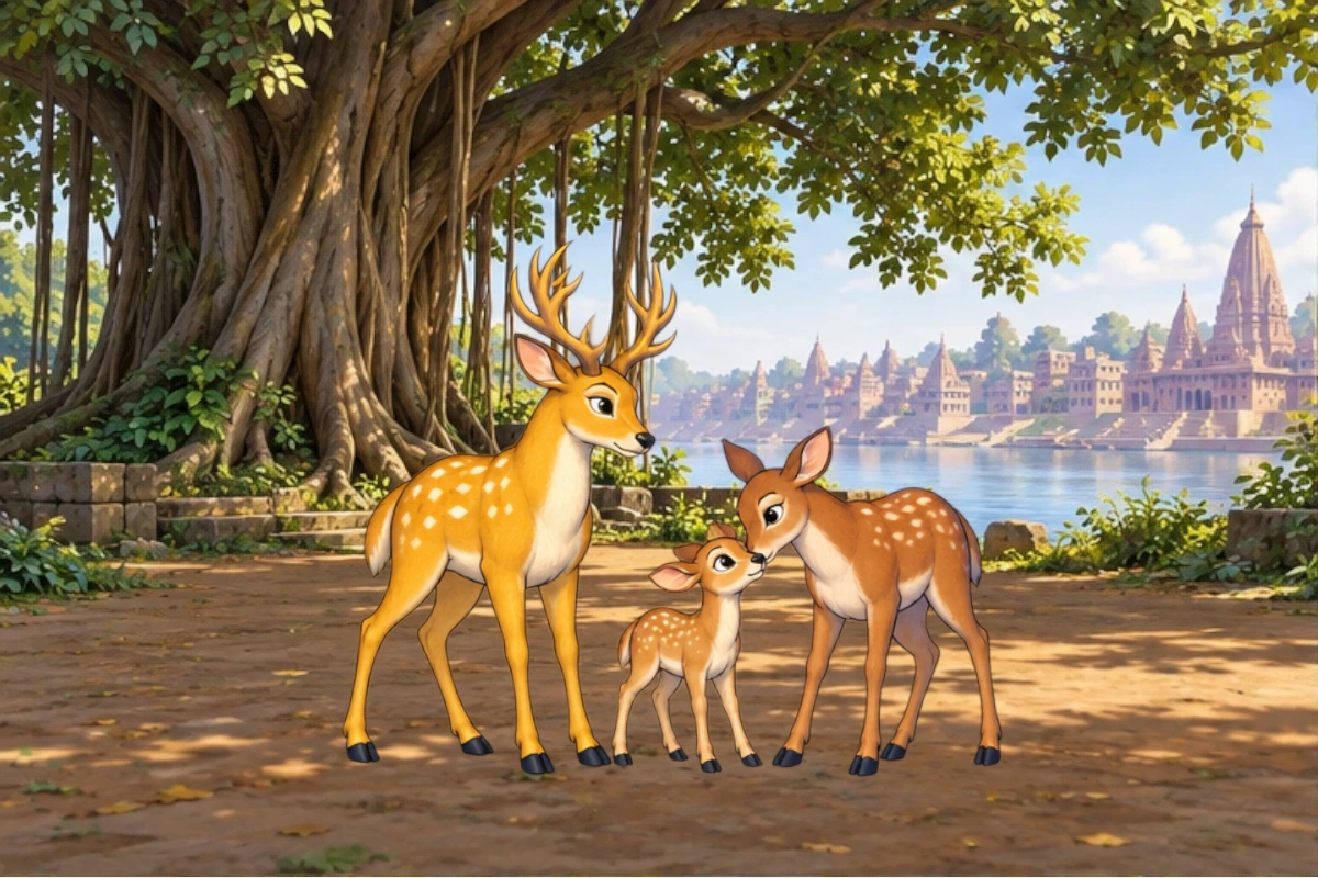 The doe and fawn shelter beside a banyan root while the golden deer watches the path.