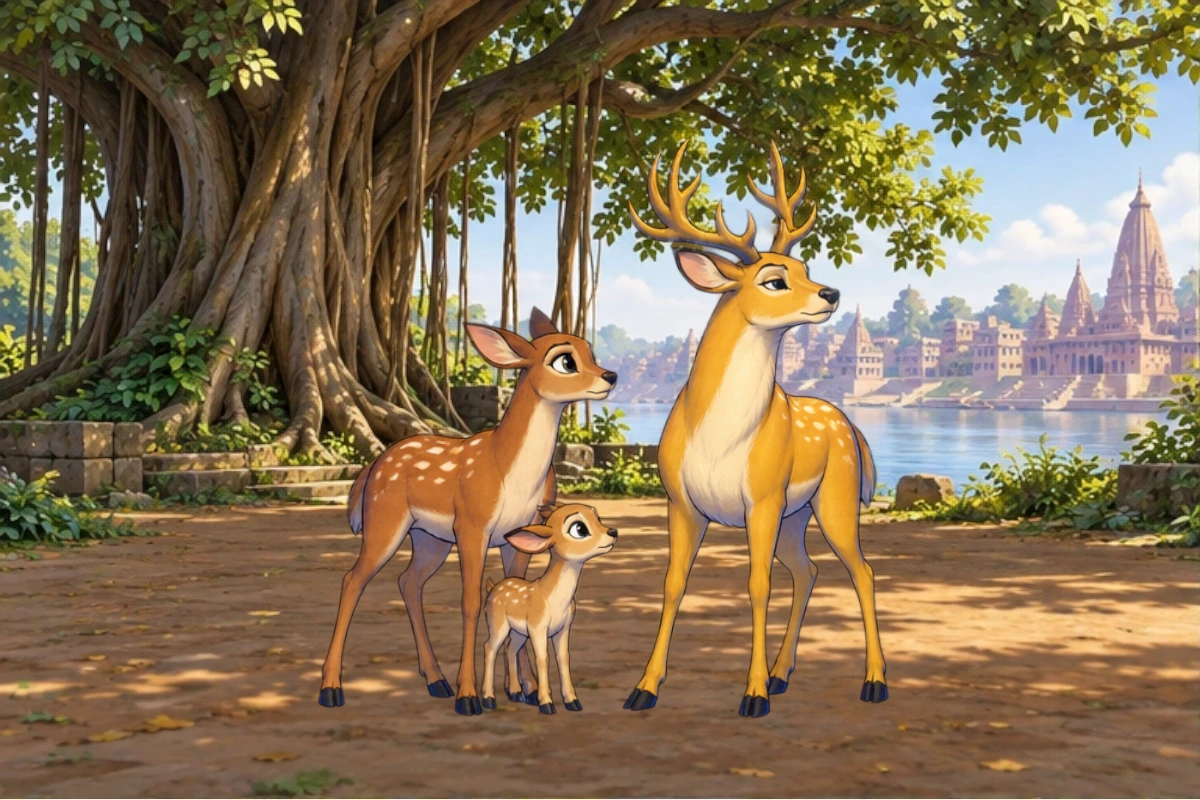 The doe and fawn stand behind Banyan Deer, facing the king’s distant party.