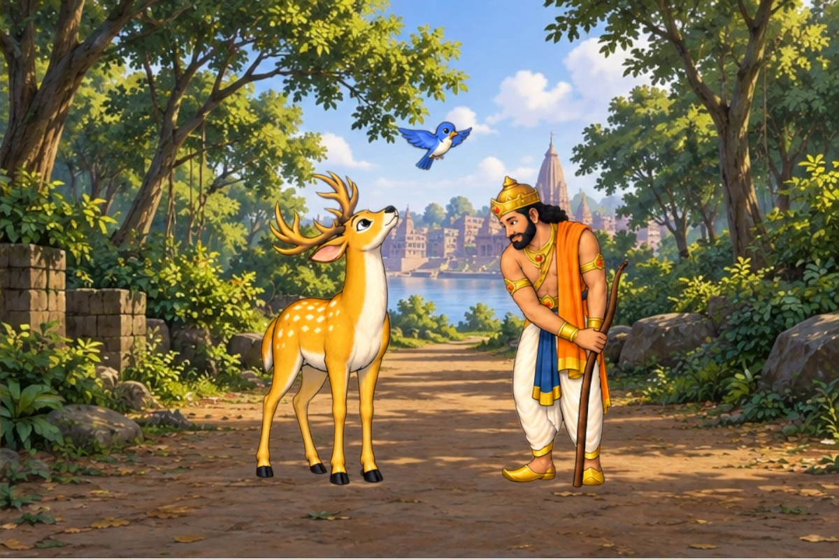 Banyan Deer and the king watch a blue bird. The king rests his bow beside a tree.