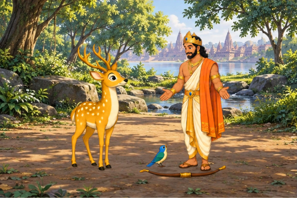 The king and Banyan Deer look toward the river as the hunters turn away.