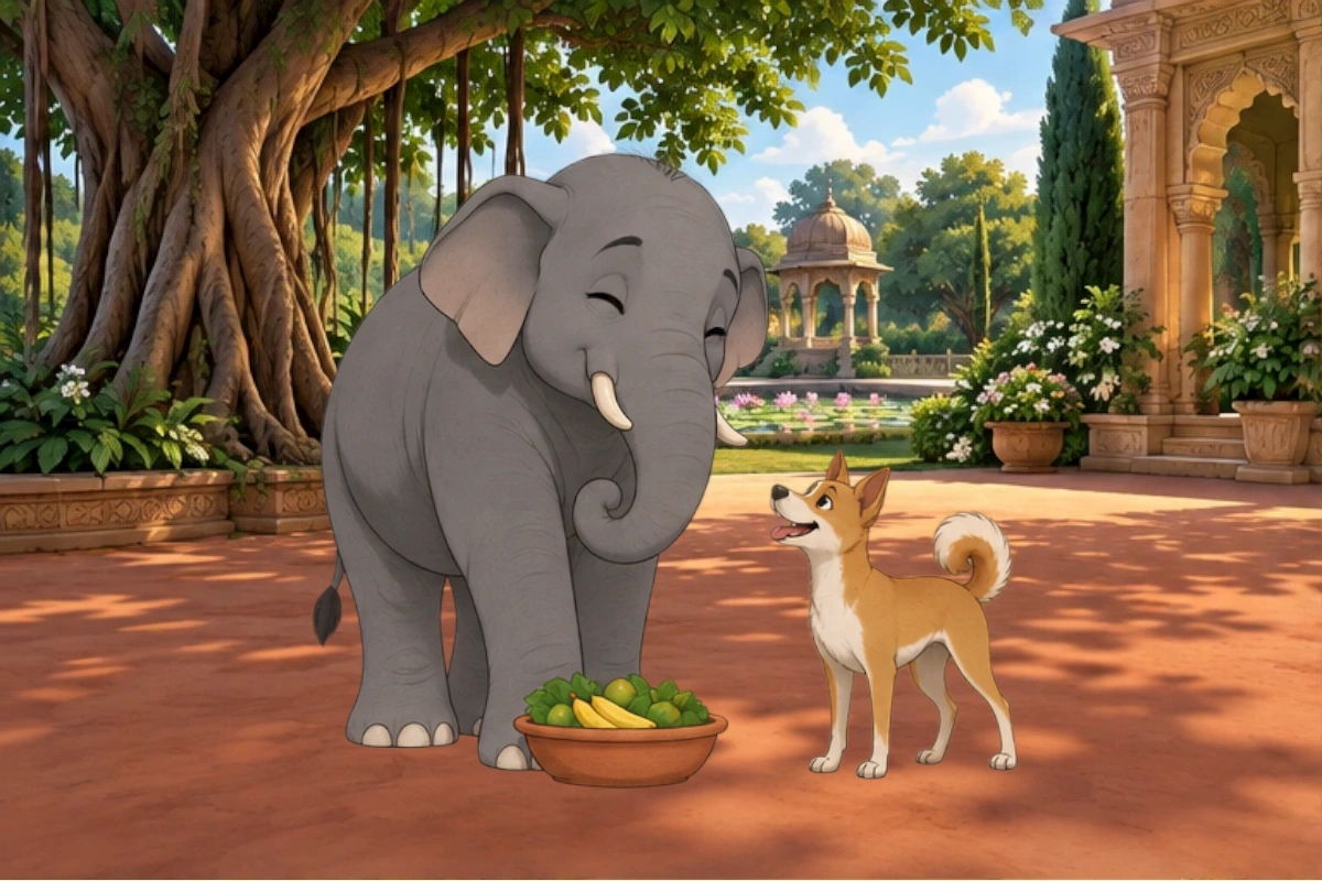 Elephant shares breakfast with the small tan dog beside his bowl.