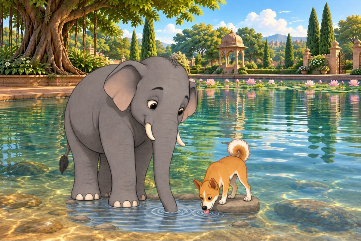 Dog waits on a dry stone, then the friends drink from separate places in the shallow water.