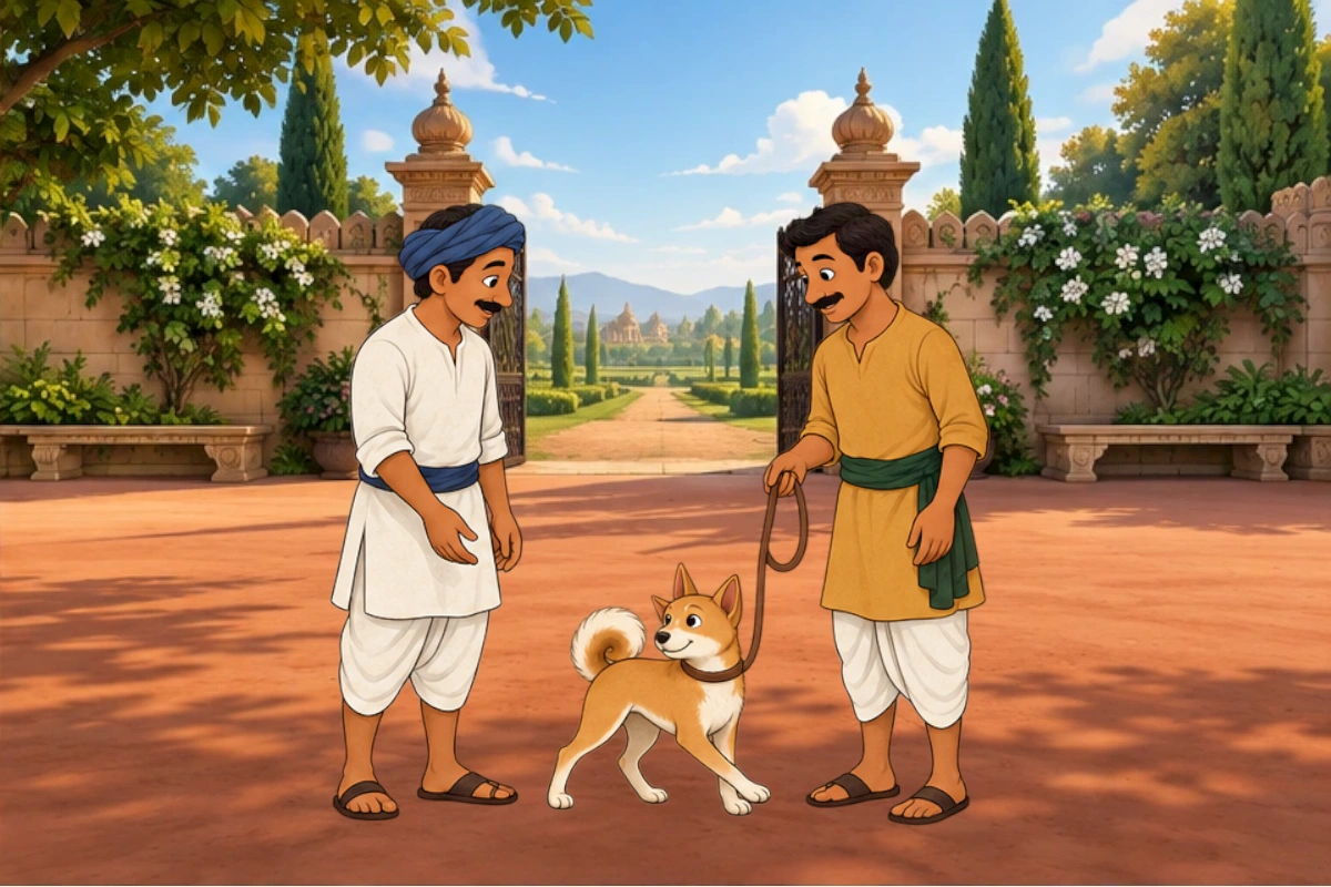 The keeper passes the slack lead to the visitor while Dog looks back.
