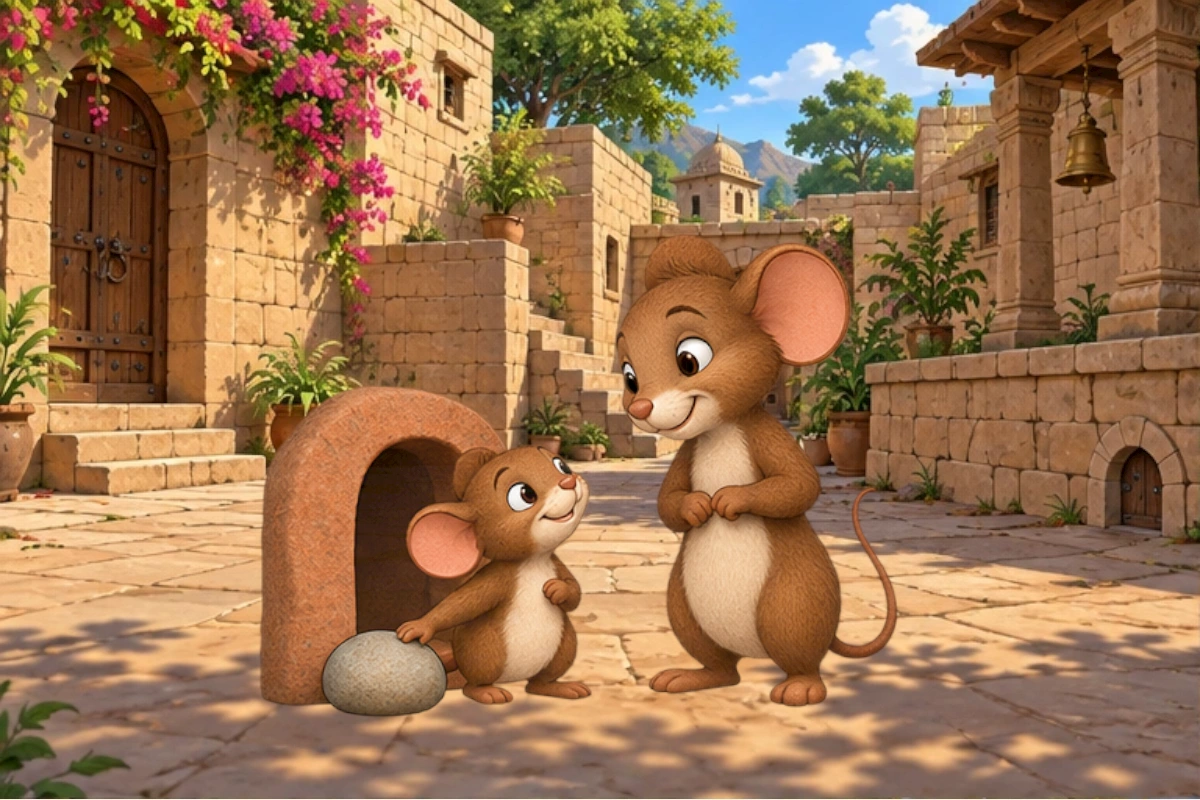 Two brown mice explore a tiny stone doorway and its round landmark pebble.