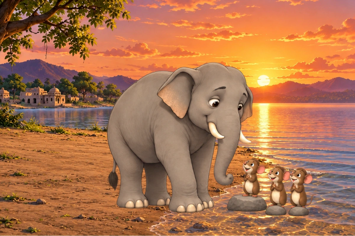 The freed elephant greets the mouse leader on a flat rock. Elephant and all three mice drink safely beside their own stones.