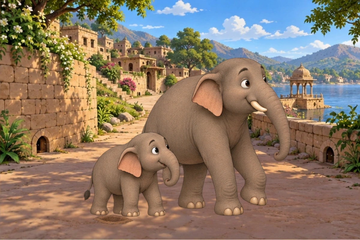 A calf searches a dry hollow while the adult elephant looks toward water.