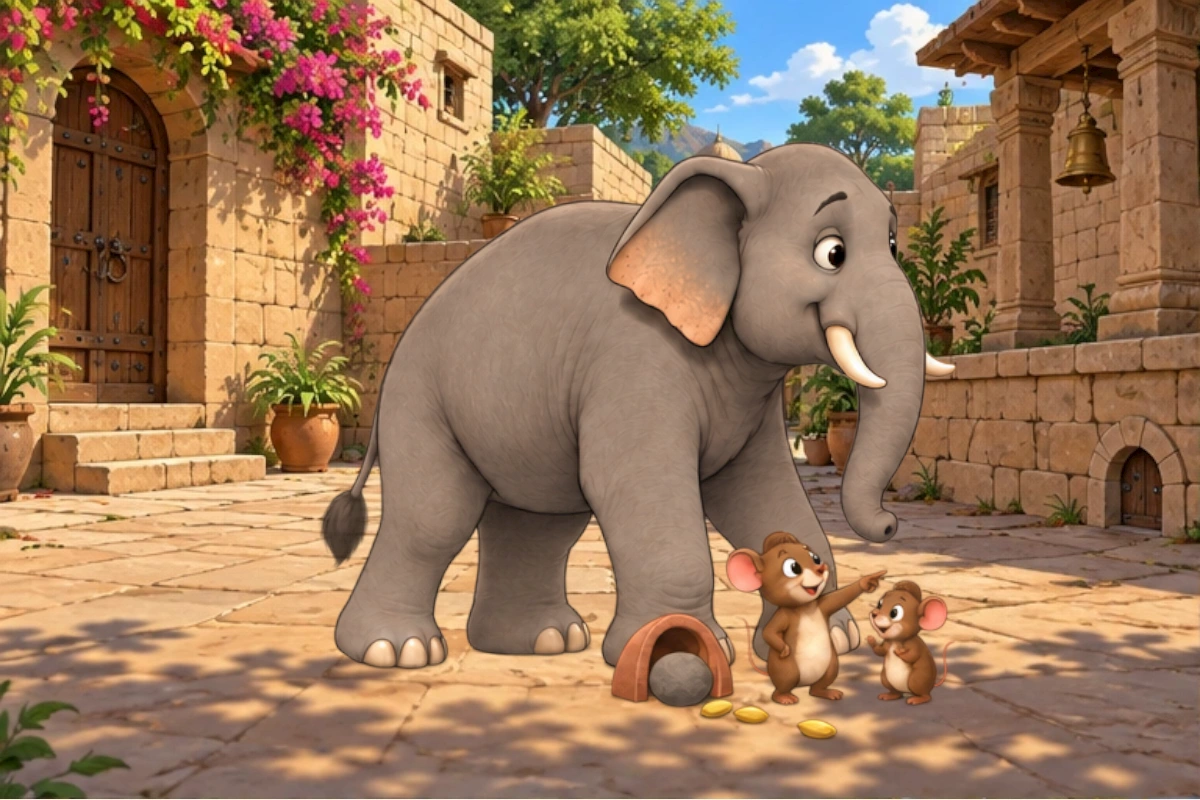 An elephant steps beside the tiny mouse doorway; its round stone shifts while both mice remain safely to one side.