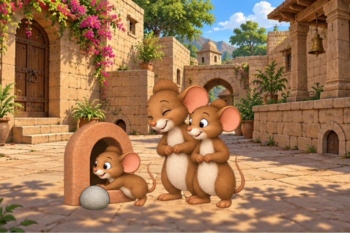 Three mice repair their stone threshold and return the pebble to its place.
