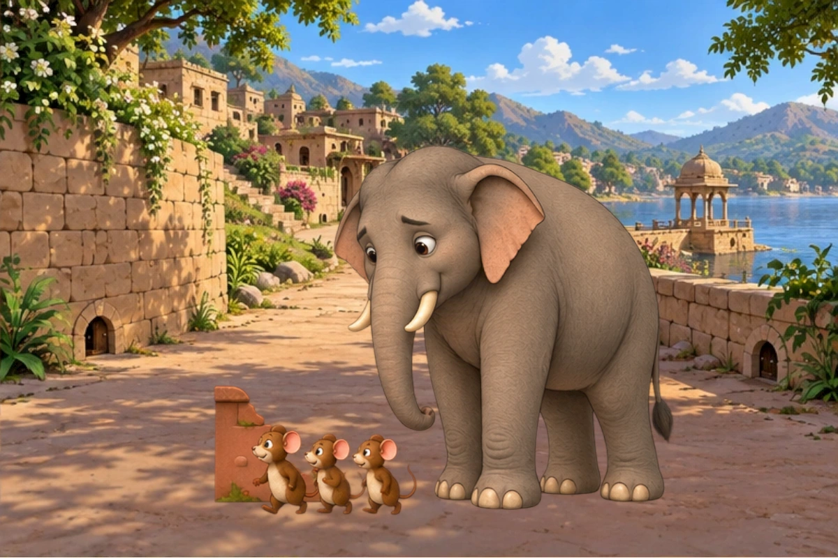 An adult messenger elephant asks the mice for help outside their wall.