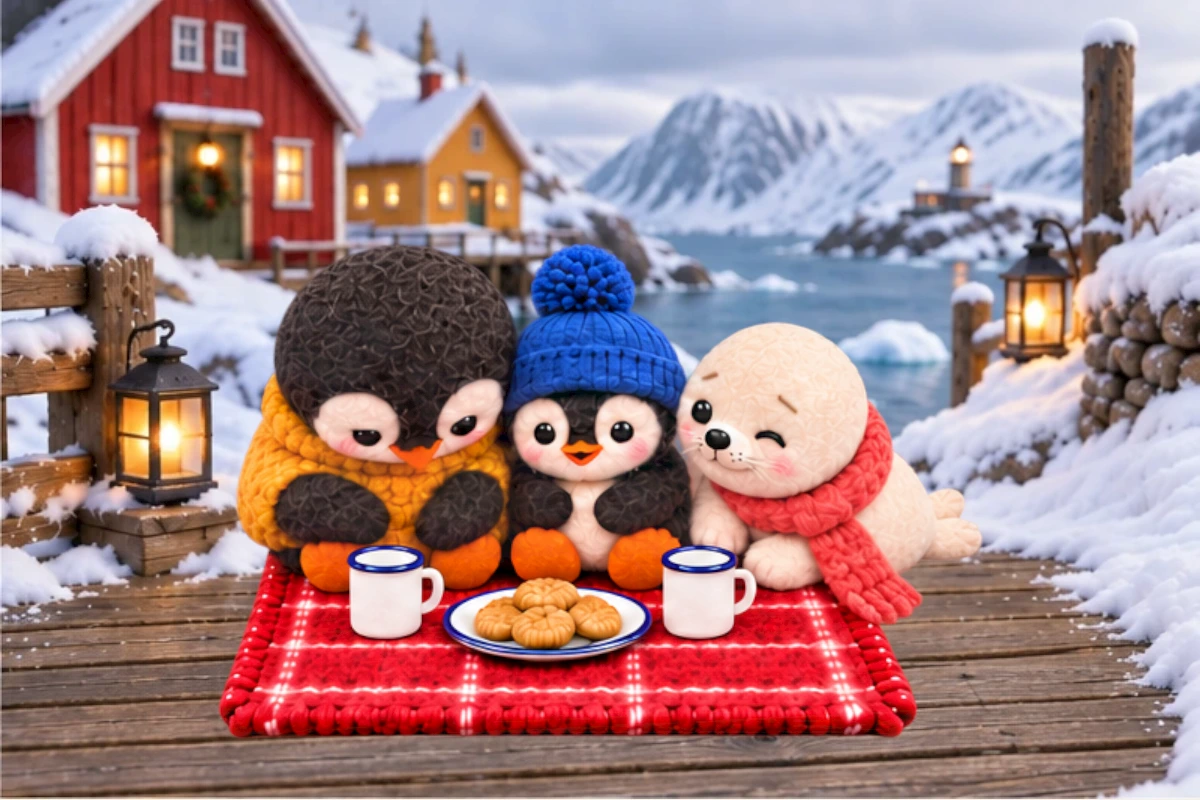 Una sits partly on the deck beside the crowded cups and biscuits.