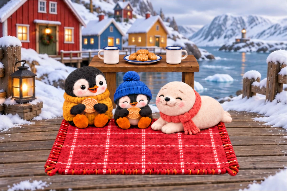 The friends unfold the blanket, with their cups and plate on a low bench.