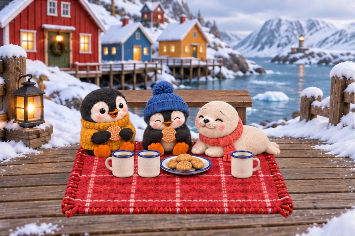 Three mugs and a plate of biscuits sit on the enlarged blanket with the three friends.
