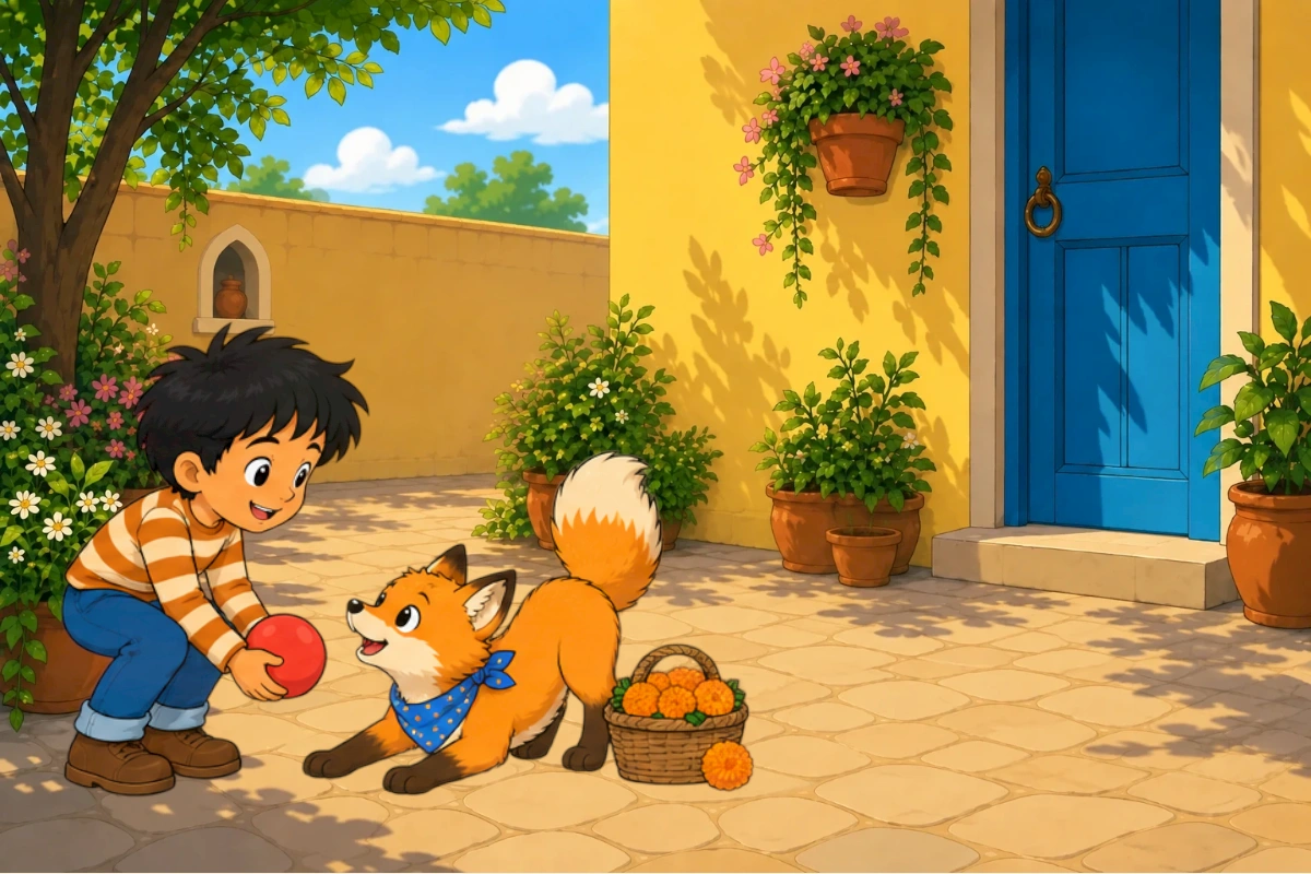 Avi shows Gul a red ball beside a basket of marigolds in the courtyard.