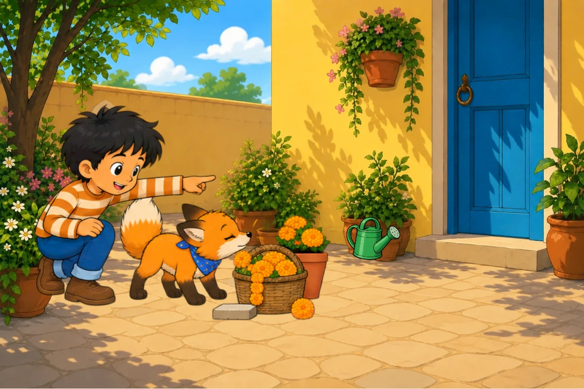 The red ball rolls past a stone and a pot toward the flower basket, with Gul behind it.