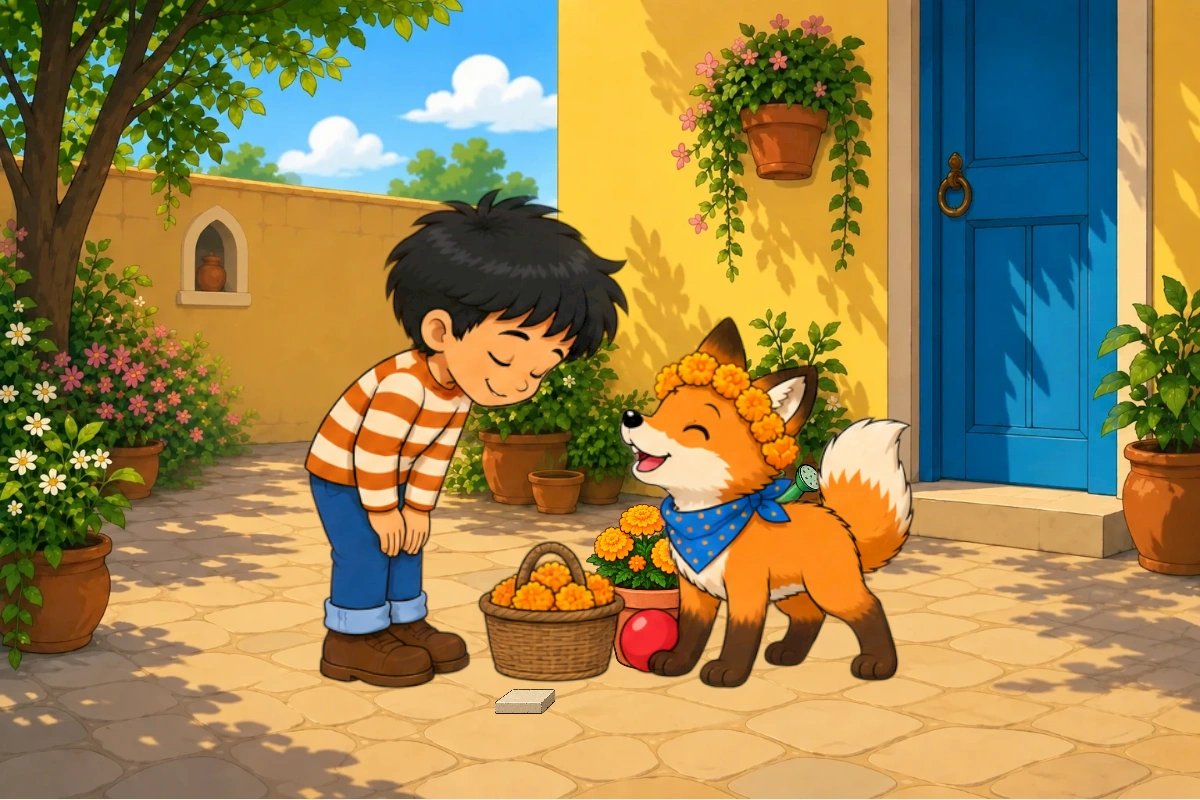 Gul wears the marigold crown with the recovered red ball beside his paw. Avi bows.