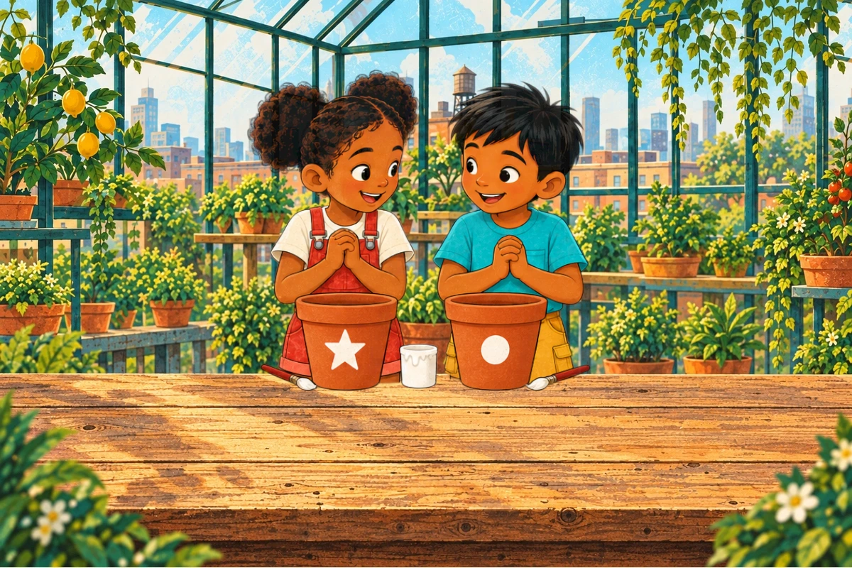 Ira and Sami stand at a greenhouse bench with two empty pots marked with a star and a dot.