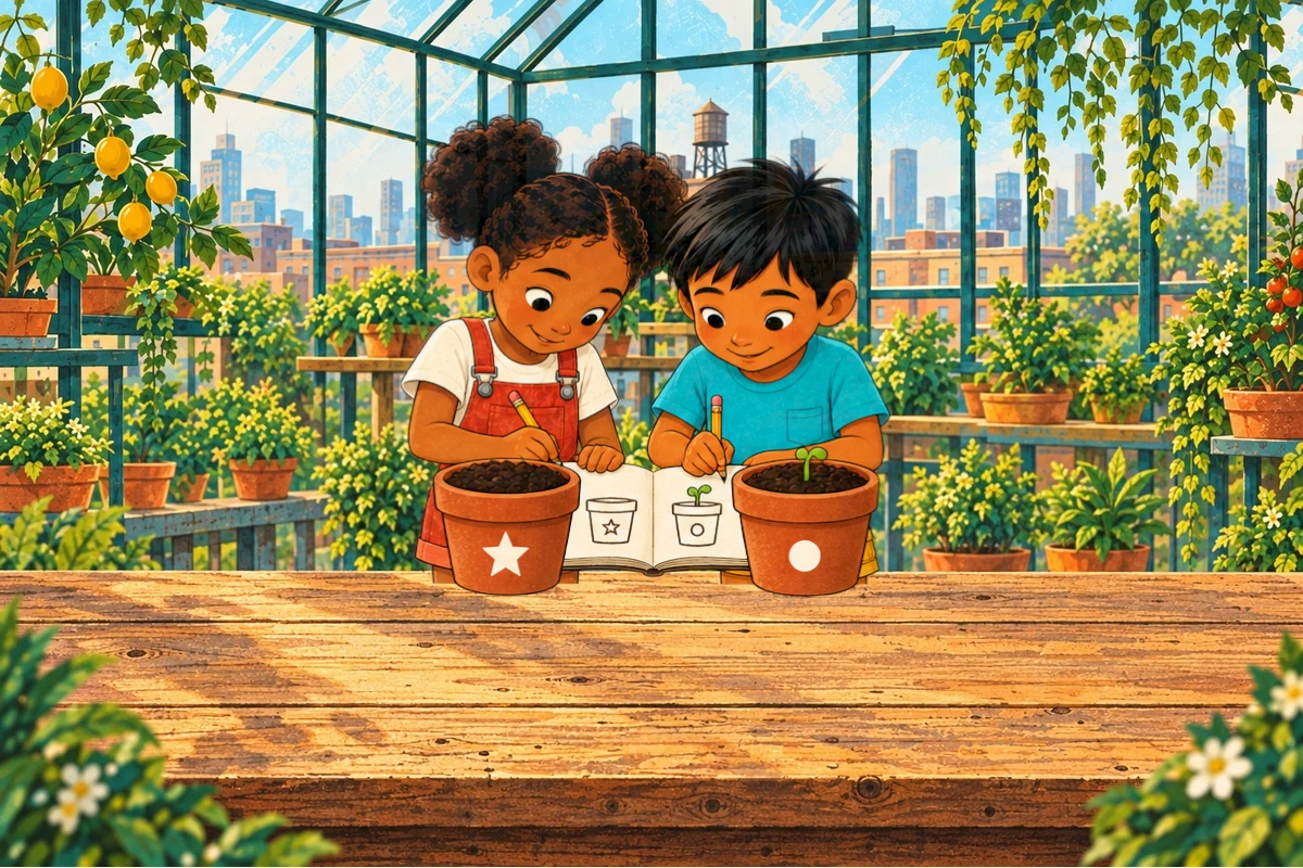 A small seedling grows in the dot pot while the star pot remains bare.