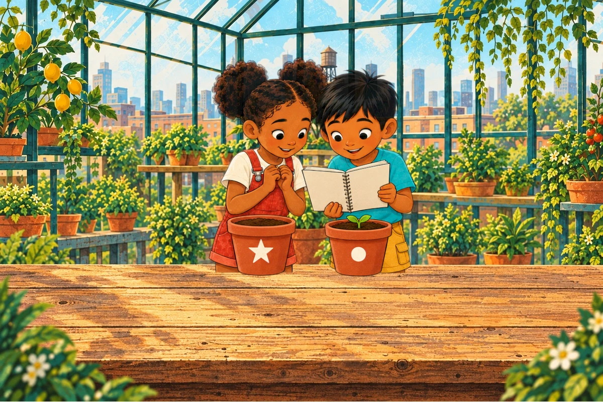 Ira rests her hands around the star pot as Sami brings their notebook.