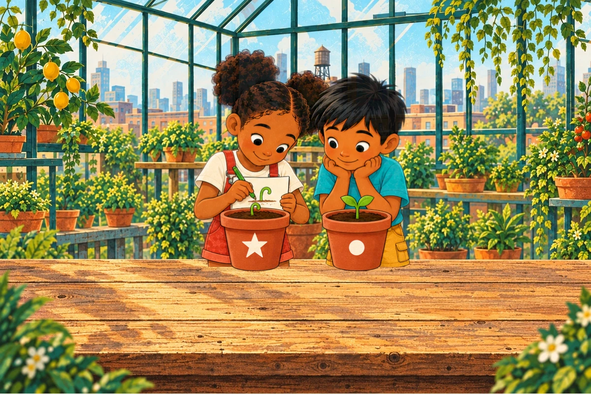 A tiny bent shoot appears in the star pot beside the leafy seedling in the dot pot.