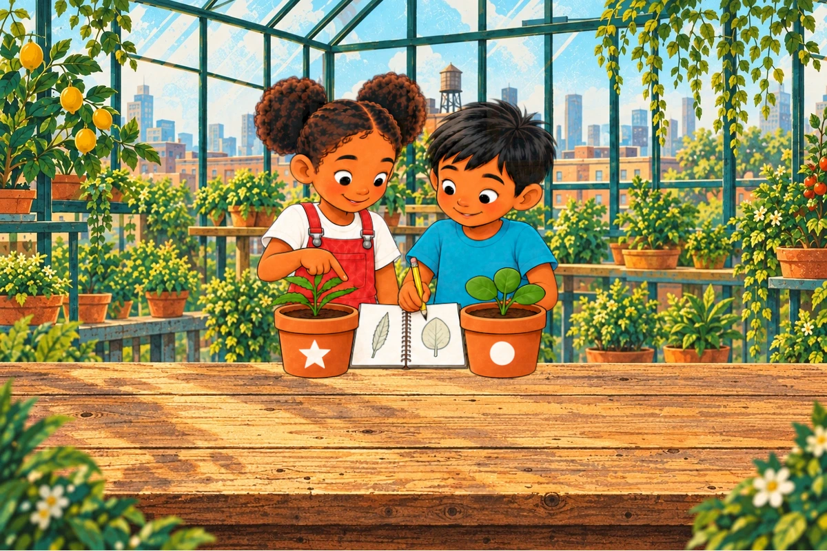 The children compare the star plant’s narrow leaves with the dot plant’s broad leaves.