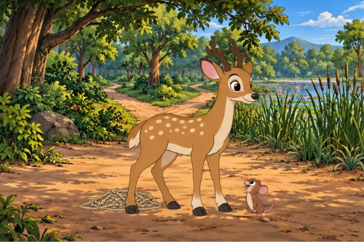 Mouse cuts the strand; Deer withdraws the freed hoof before standing.