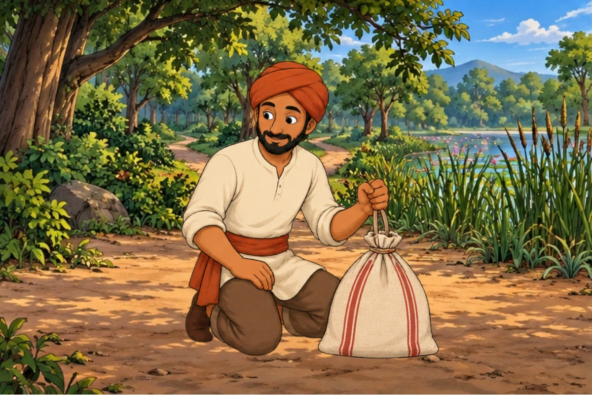 The hunter carefully lifts Turtle into the bag, then ties the mouth.