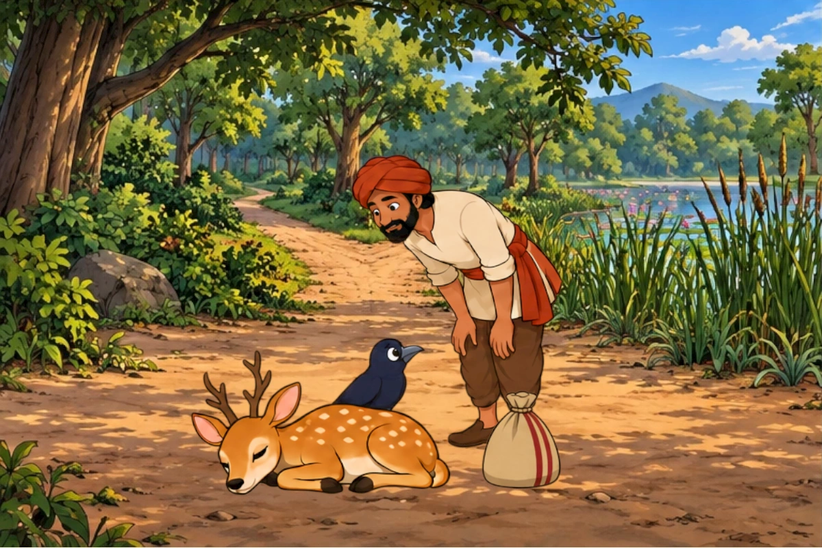 The bag touches the ground. The hunter releases it and approaches Deer.