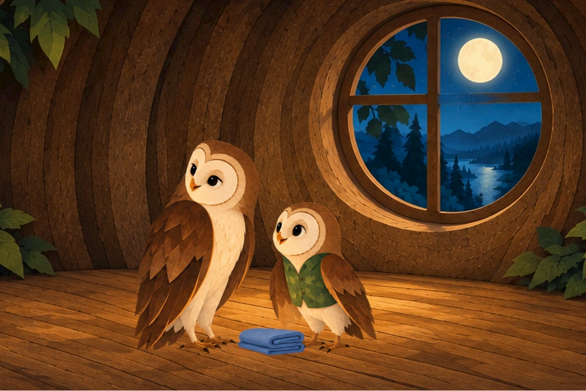 Olive the owlet stands at a round window in the tree home beside Mama Owl and a blue blanket.