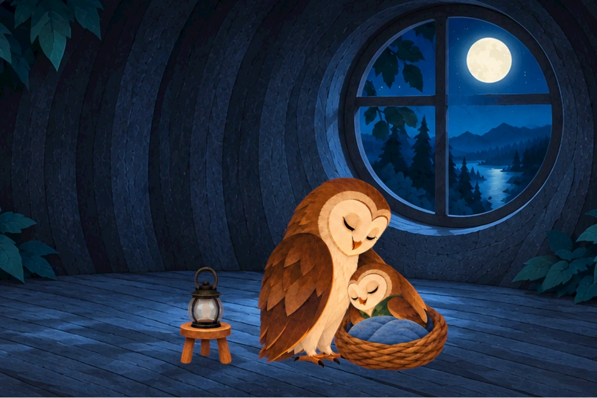 Olive rests in the blue blanket beside Mama beneath the moonlit window.