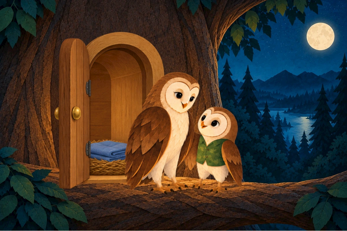 Mama opens the round tree door as Olive prepares to step onto the moonlit path.