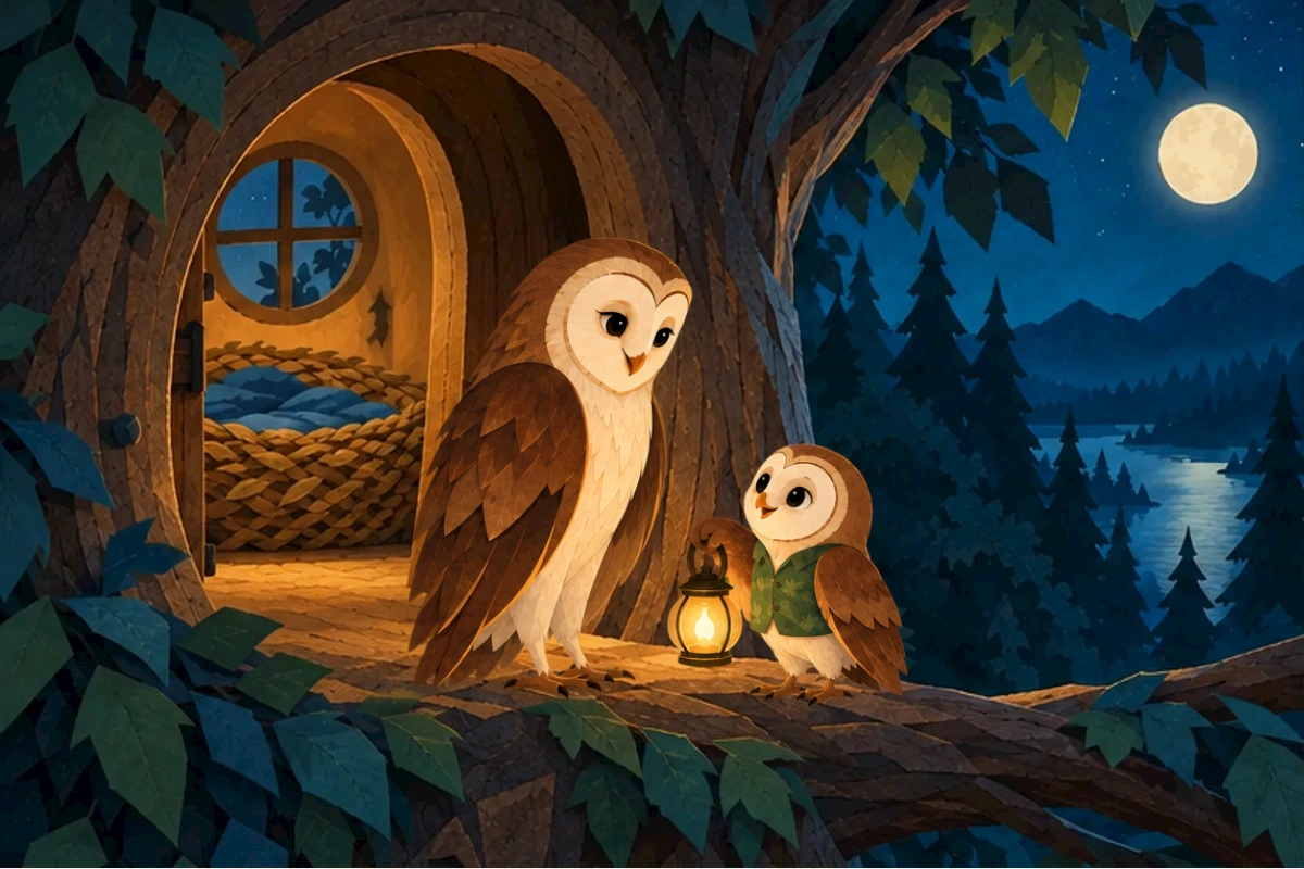 Mama gives Olive a lantern at the tree entrance.