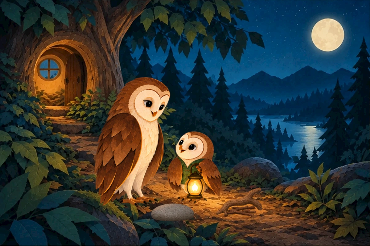 Olive moves a fallen twig off the path while Mama holds the lantern.