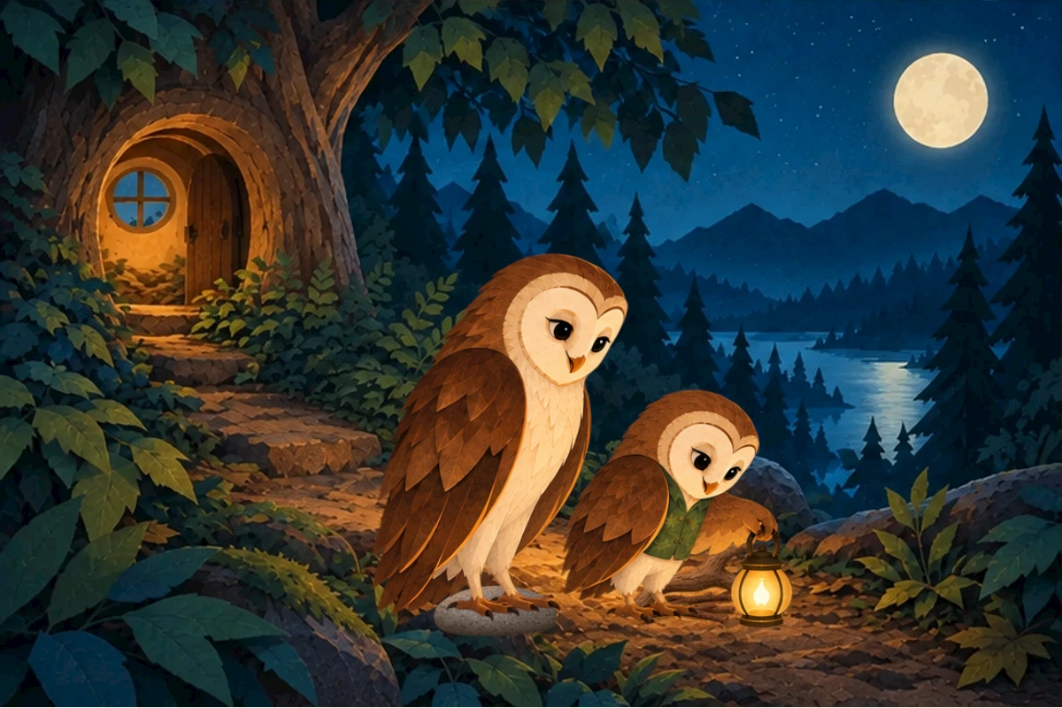 Olive lowers the lantern toward a rustling brown leaf with Mama beside him.