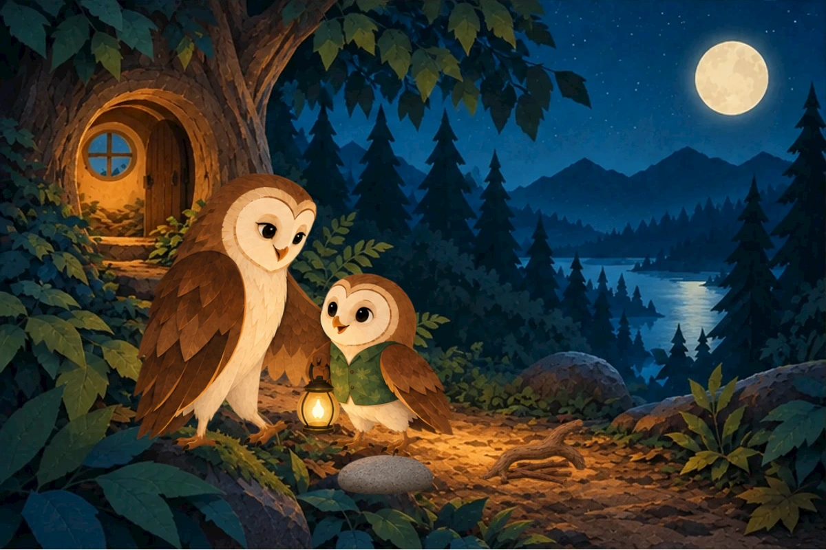 The owls follow the clear path back toward their round tree door.