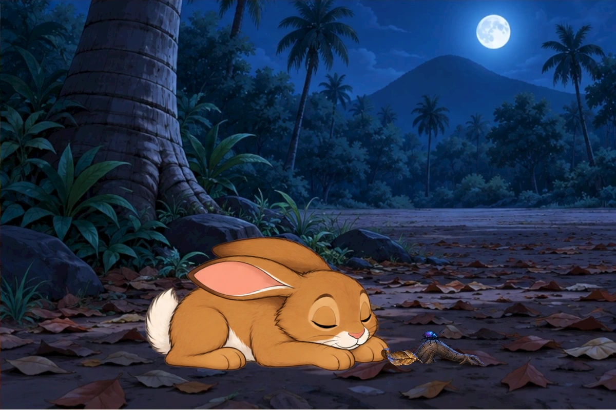Hare looks down at the beetle moving beside his paw, watches it pass safely, then closes his eyes and rests.
