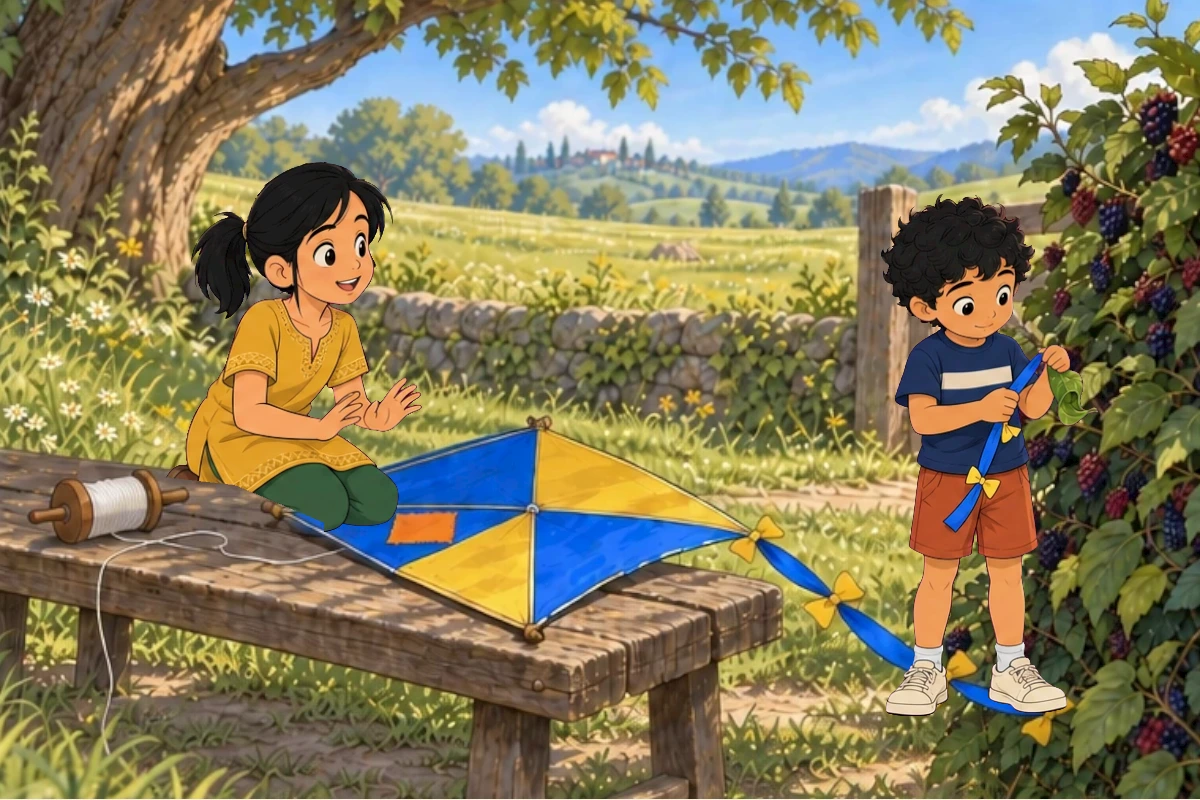 Tara and Dev stand beside their blue-and-gold kite on a bench by the garden gate.