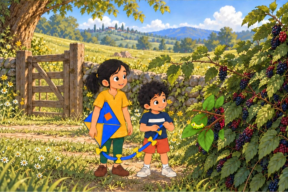 Tara and Dev take their kite from the garden gate while the caterpillar feeds on the bush.