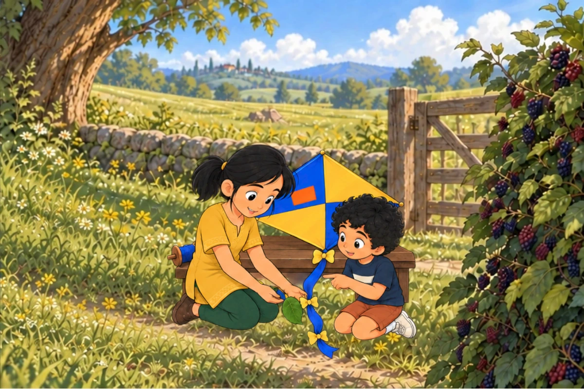 Tara supports the kite tail while Dev studies the yellow bow around the leaf.