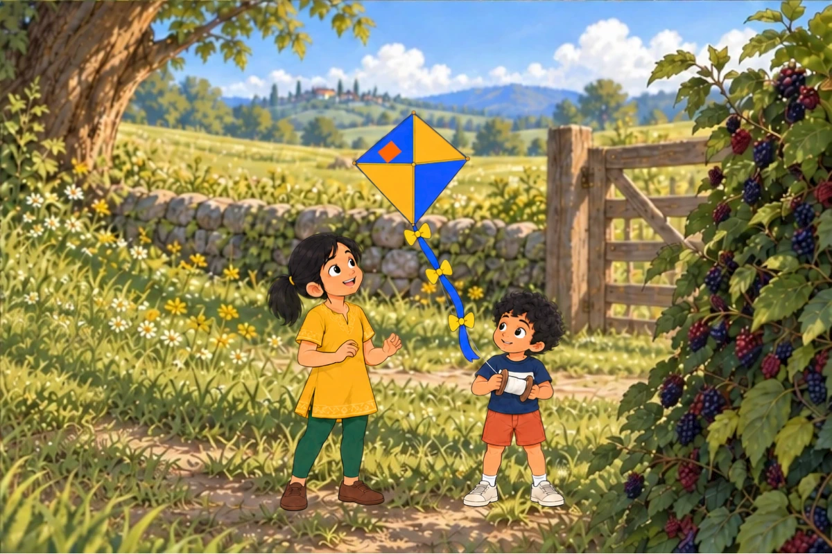 Tara releases the patched blue-and-gold kite in a meadow while Dev holds the spool.