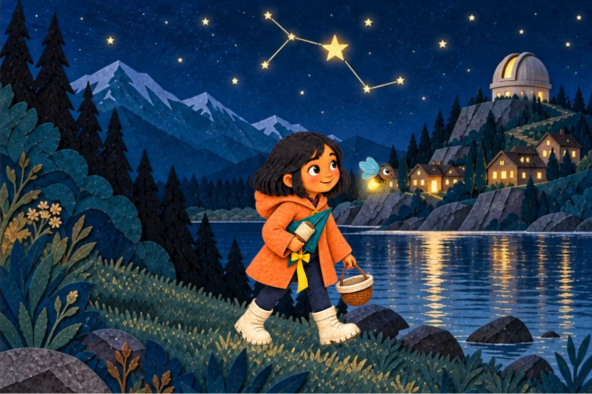 The complete constellation shines above the pond. Nila holds the empty basket and folded kite beside Flick.