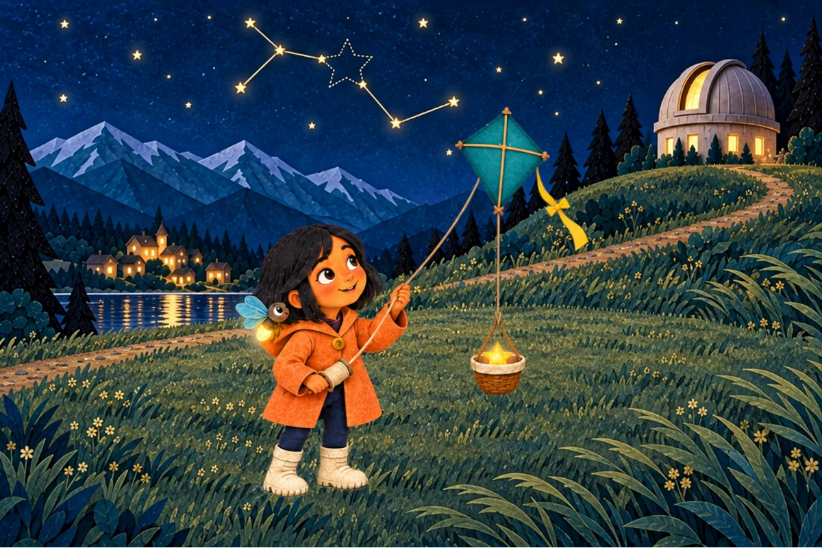 Nila holds the taut kite string on the hilltop as the basket rises toward the stars.