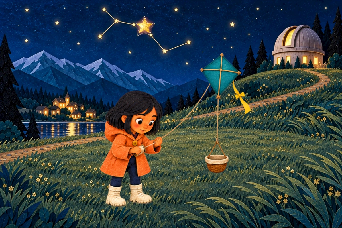 The star rises out of the basket toward the gap in its constellation while Nila holds the kite string.