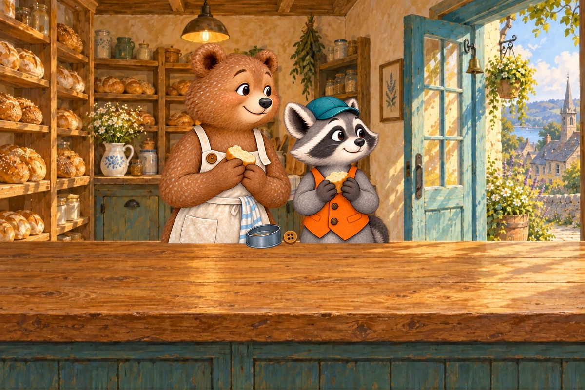 Rafi offers the wooden button to Bea beside a sewing tin and a shared bun.