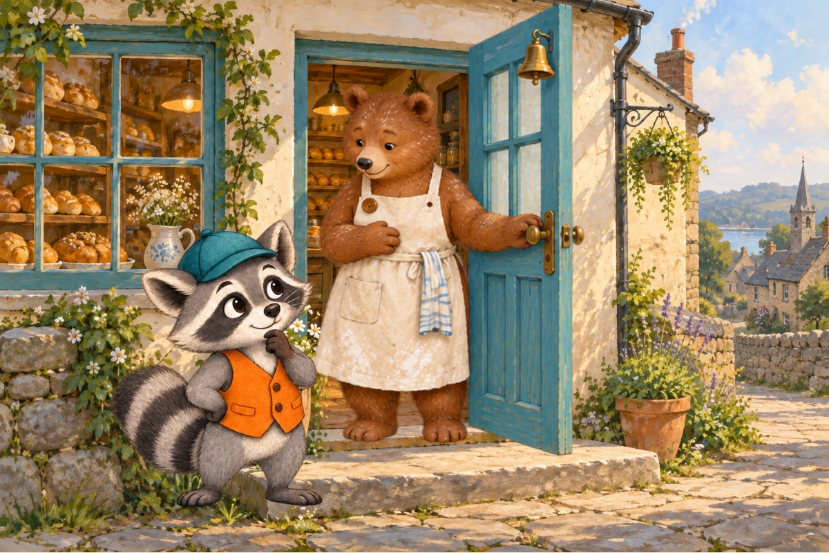 Bea stands at the open bakery door while Rafi looks up at the silent brass bell.