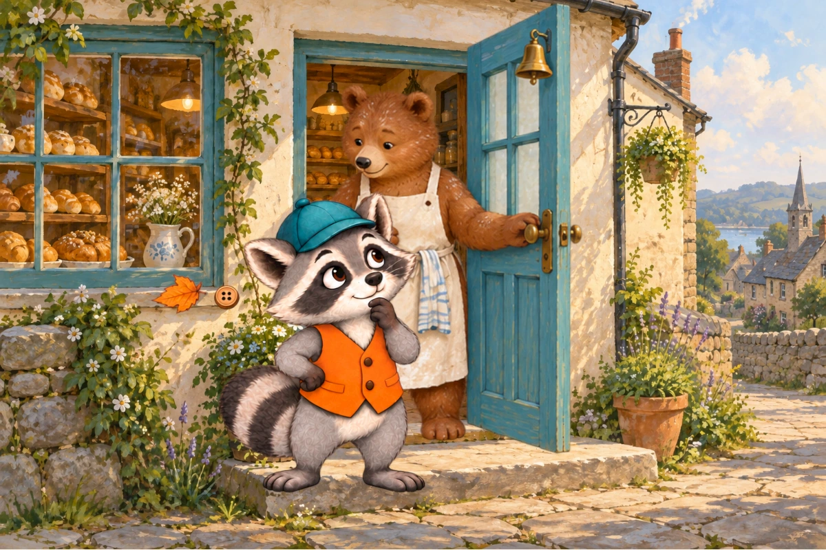 Rafi shows Bea a wooden button and a loose leaf on the doorstep sill.